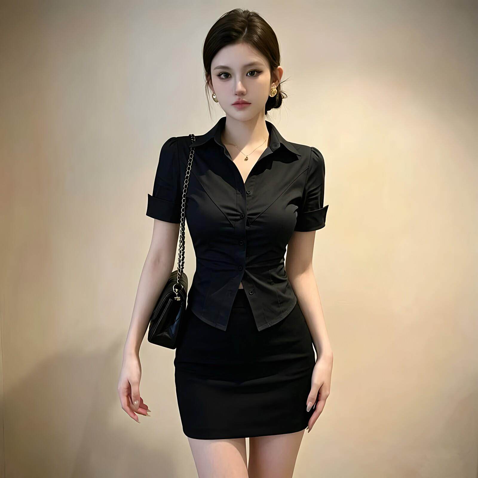 夜总店性感连衣裙减龄面试黑衬衫女职业正装包臀裙足浴技师工作服