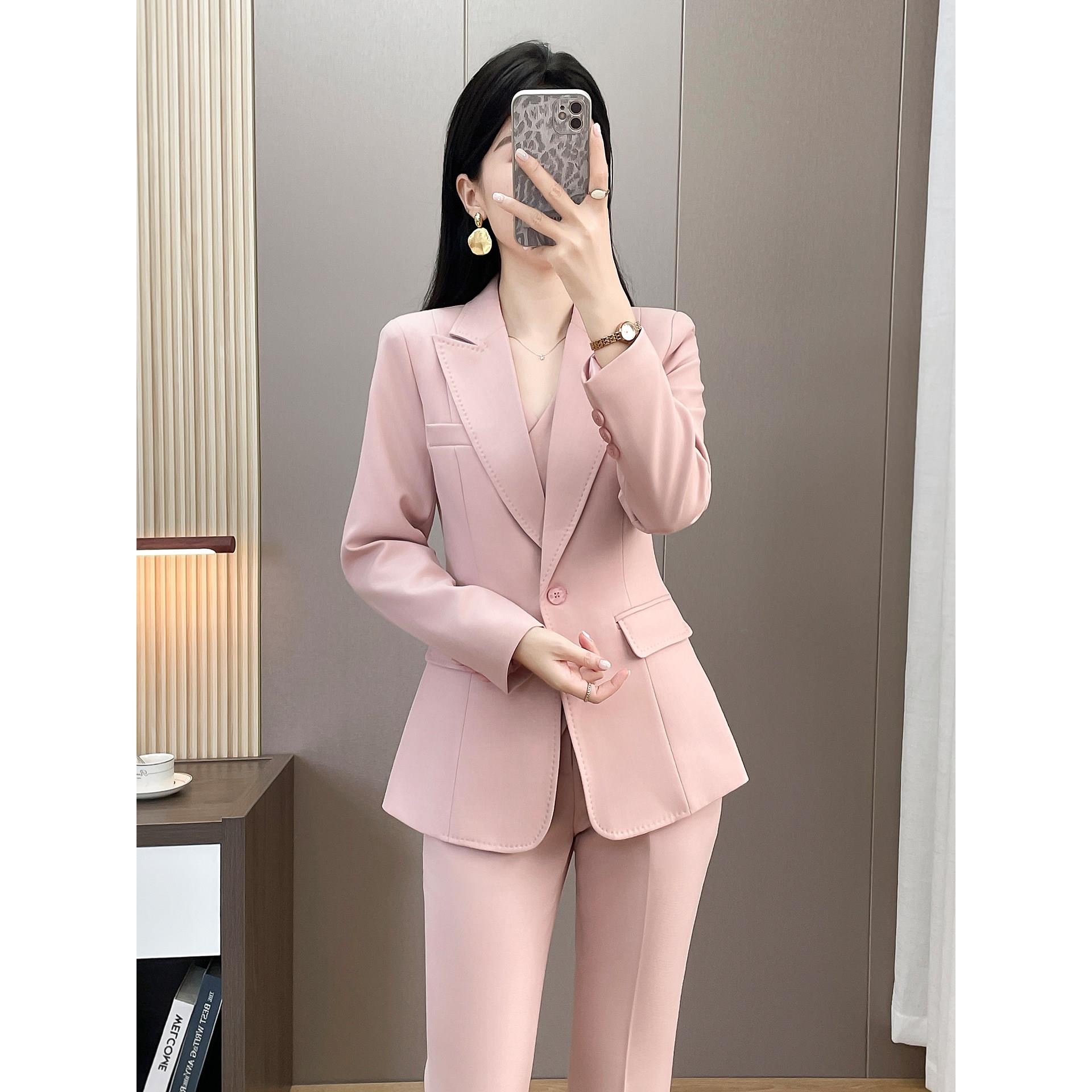 粉色西装套装女春秋职业装气质女神范高端播音主持正装西服工作服