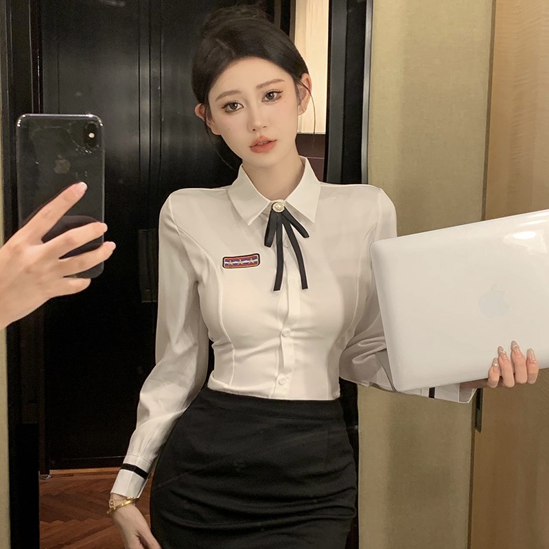 收腰白色衬衫套装裙女工作服JK制服春秋修身显瘦衬衣包臀裙两件套
