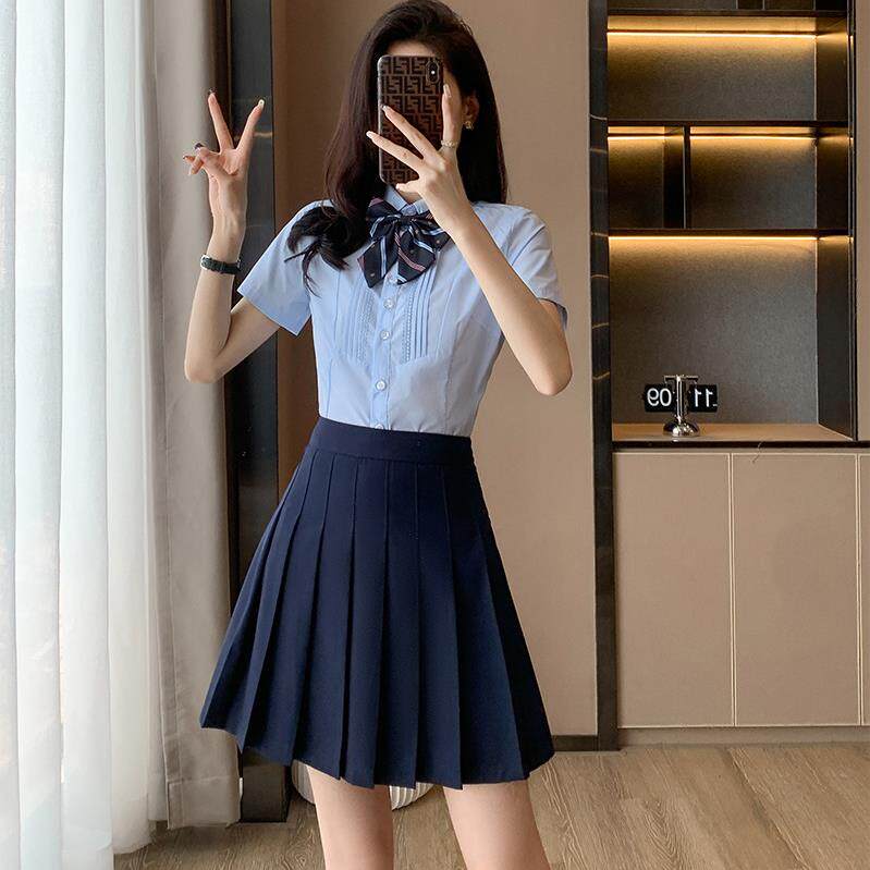 短袖衬衫女学院风制服夏幼儿园教师园服工装衬衣百褶裙职业套装