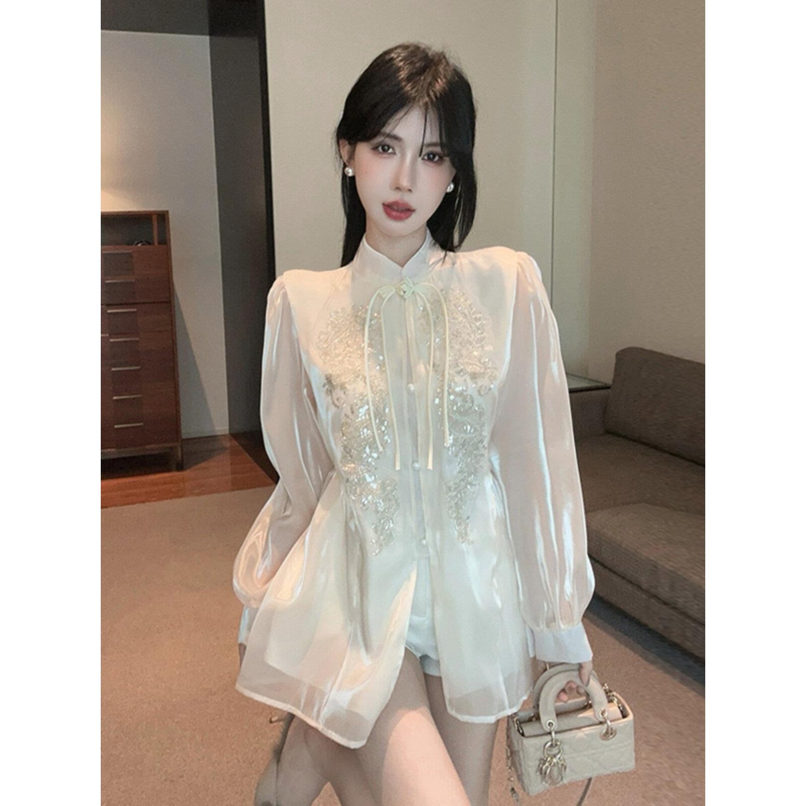 新中国风的民族风格淑女香槟色单排扣长袖衬衫亮片宽松修身看百搭