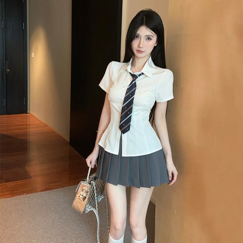 制服套装女夏季短袖衬衫百褶裙足浴技师工作服公主气质工装
