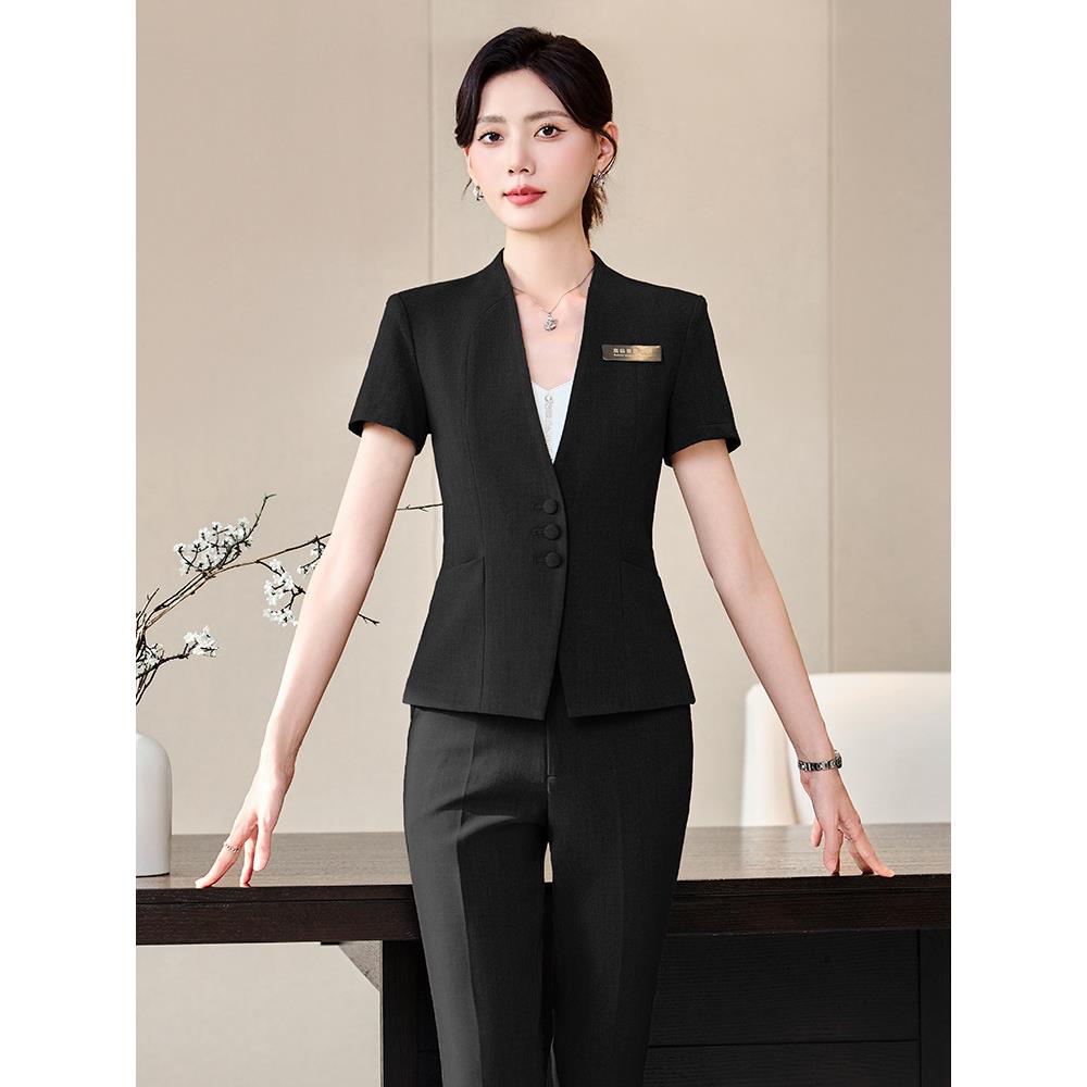 灰色短袖女士套装夏季无领套装商务服装气质酒店经理珠宝店工作服
