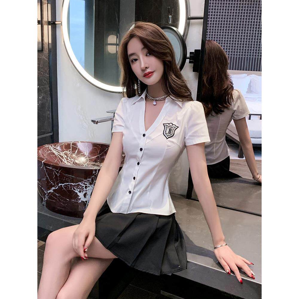 酒店空姐制服深领性感遮肚显瘦衬衫套装裙足疗店足浴技师工作服