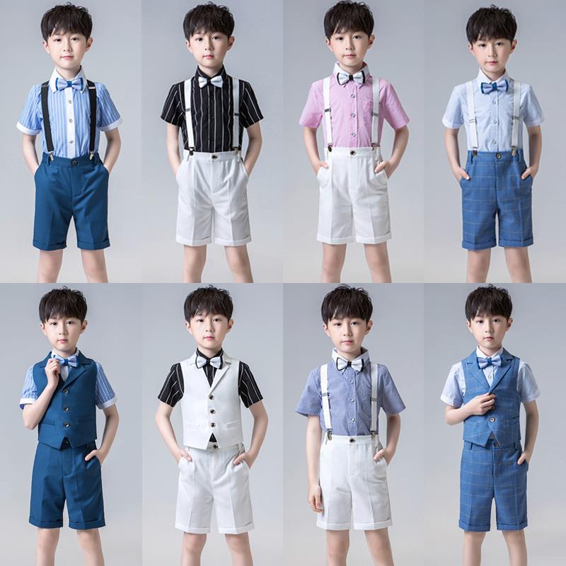 儿童礼服男童短袖小西装套装夏人季帅气背带男孩主持幼儿园演出服