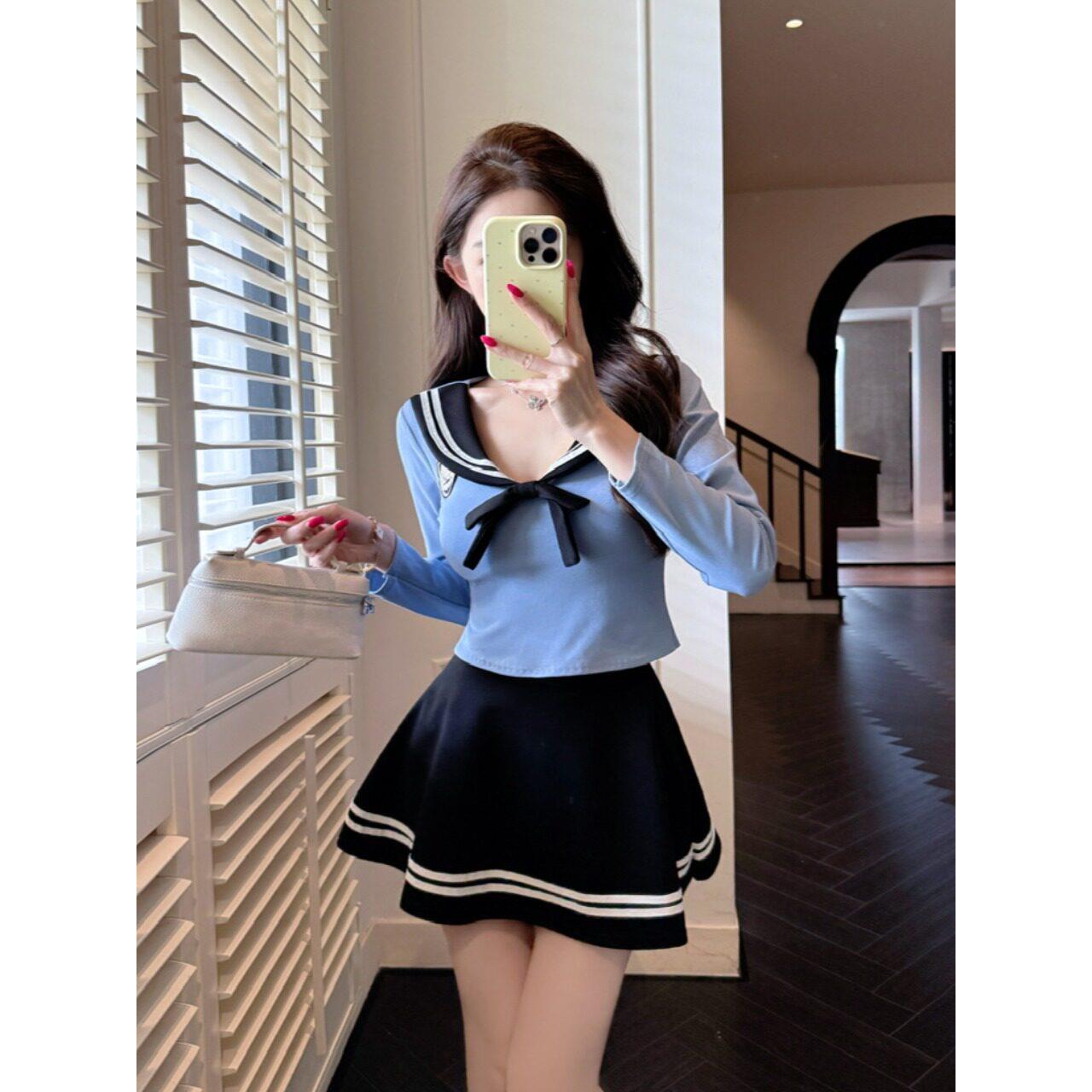 2025秋季新款学院风上衣短裙套装女长袖足浴技师工作服纯欲两件套