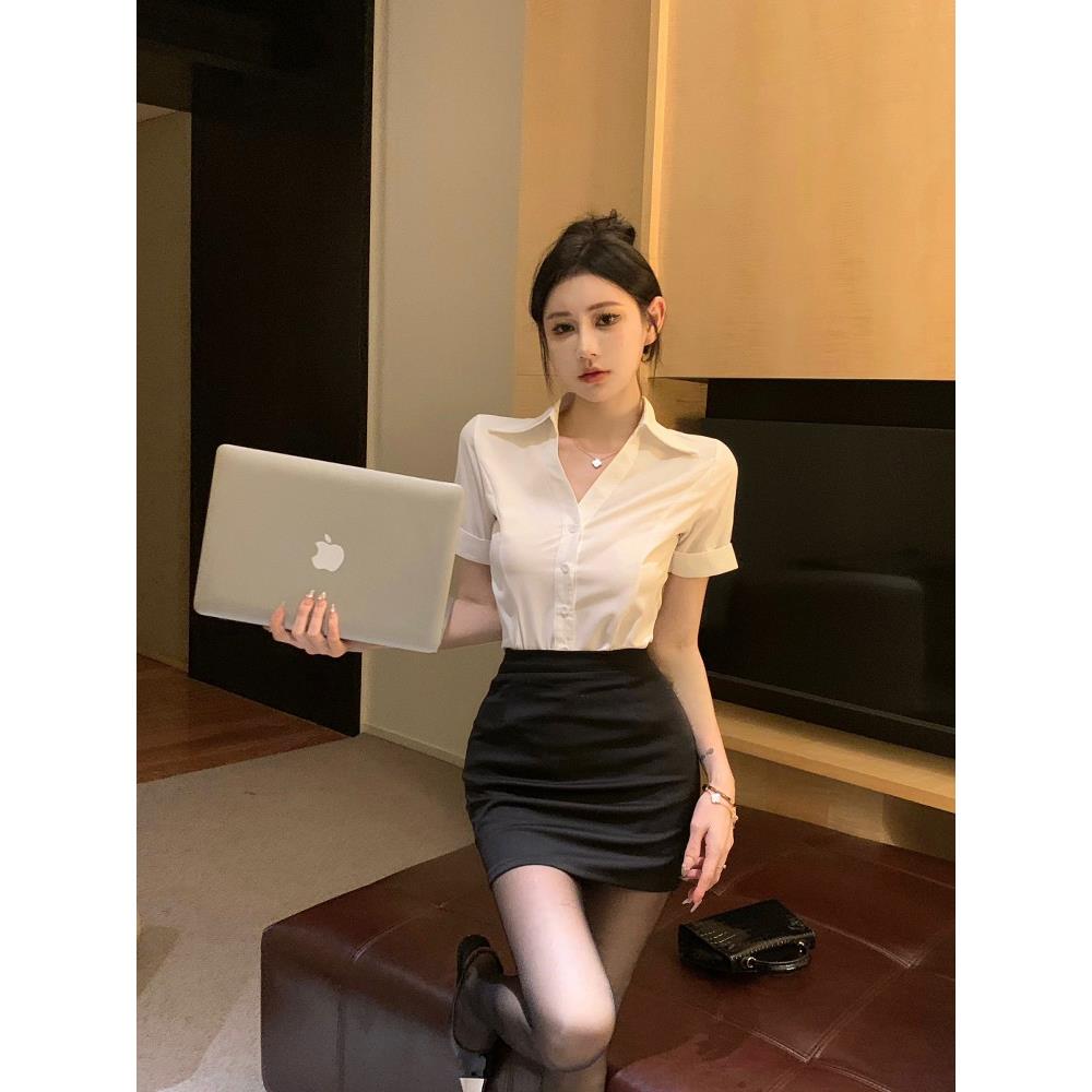 短袖白衬衫女夏季空乘面试工作服领衬衣空姐前台正装职业女套装