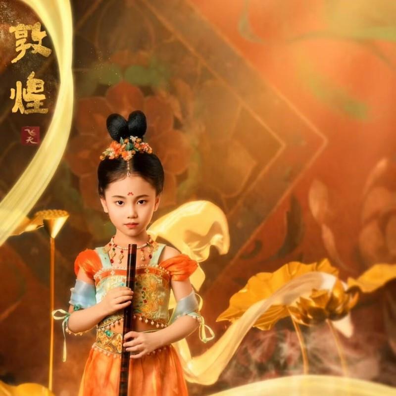 敦煌飞天汉服女童反弹琵琶西域风情乐鼓表演服装儿童古典舞演出服