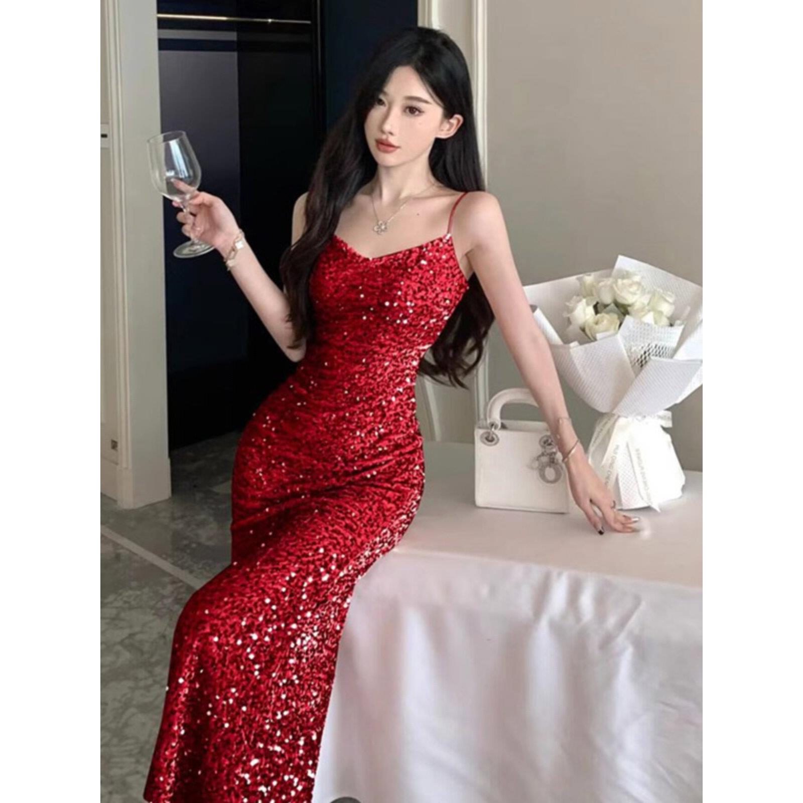 红色亮片晚礼服女高级感新年会宴会金丝绒性感长款鱼尾吊带连衣裙