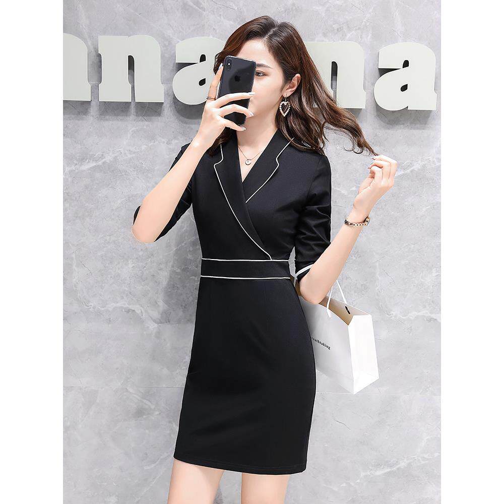 职业美容师连衣裙工作服秋季高端女气质珠宝店售楼部黑色大码工装