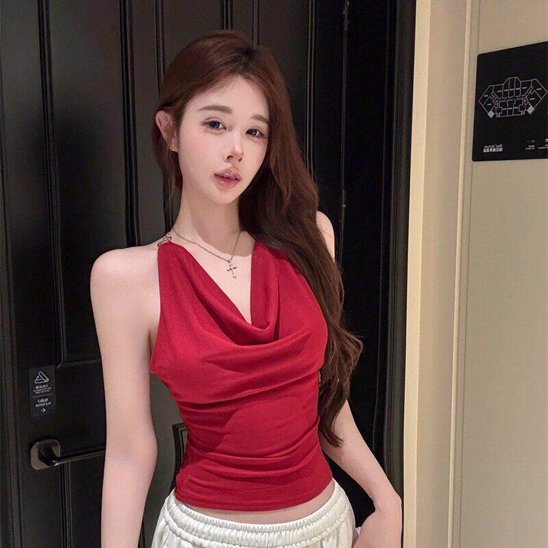 荡领链条挂脖上衣辣妹性感无袖恤遮副乳高级感露背吊带背心女装