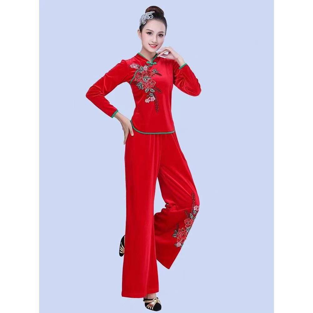 新款保暖金丝绒广场舞服装套装秋冬中老年秧歌服扇子舞蹈演出服女
