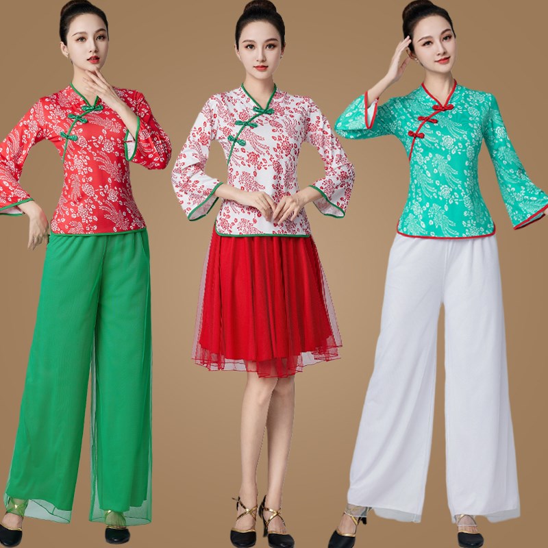 印花广场舞服装新款套装女民族中国风秧歌舞蹈演出服古典表演纱裙