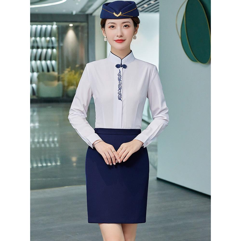 工作服长袖衬衫女春秋新式中国风盘扣衬衣气质餐饮服务员职业套装