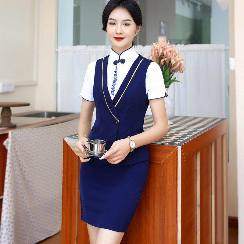 高端职业马甲套装女酒店前台收银服务员工作服女夏季短袖工装
