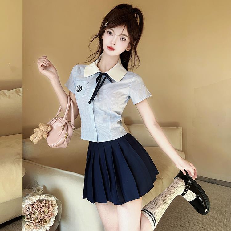 养生会所美容院职业装女纯欲风收腰蓝色短袖衬衫百褶短裙jk制服女