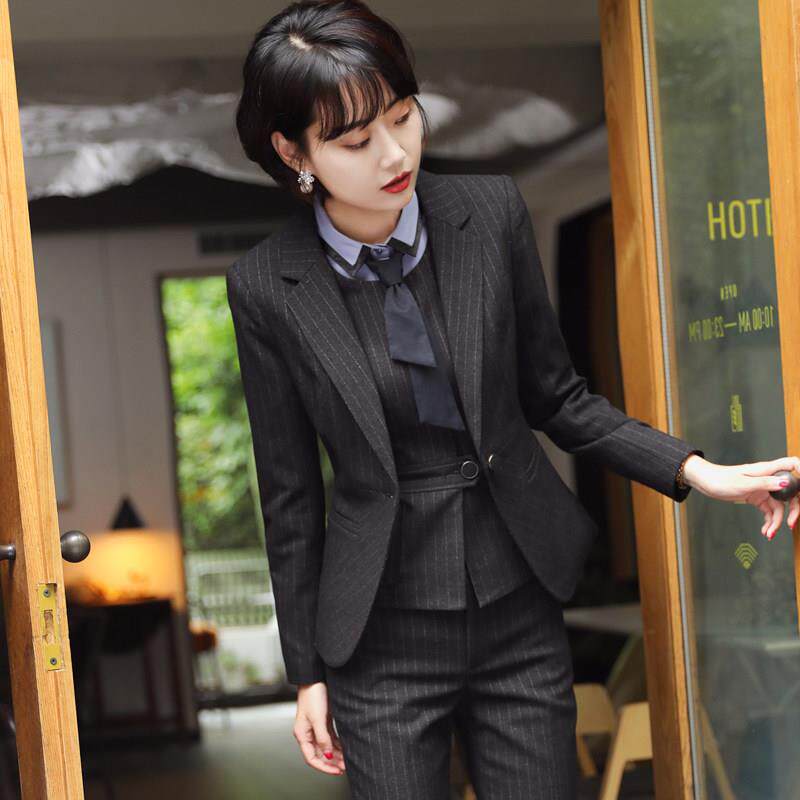 条纹西装套装女西服商务正装工作服气质酒楼服务员职业工装春秋季
