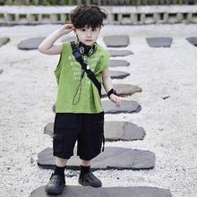 儿童背心套装2025夏季新款男童帅绿色背心无袖气百搭工装裤两件套