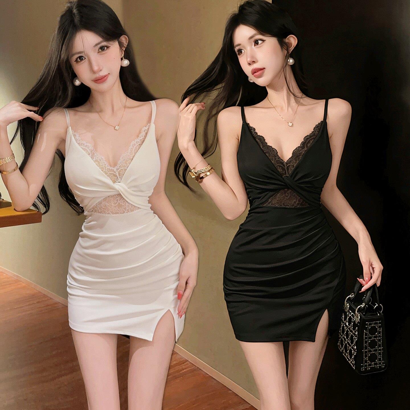 吊带修身连衣裙带胸垫夜店女装新款技师服纯欲风低胸露背包臀短裙