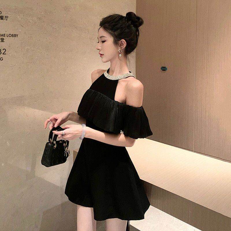 赫本小香风名媛千金一字肩挂颈洋装女高级感黑色生日礼服小裙子