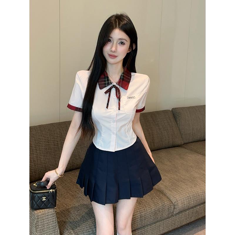足浴技师工作服足疗高端养生馆年轻款翻领短袖白衬衫女蓝色百褶裙