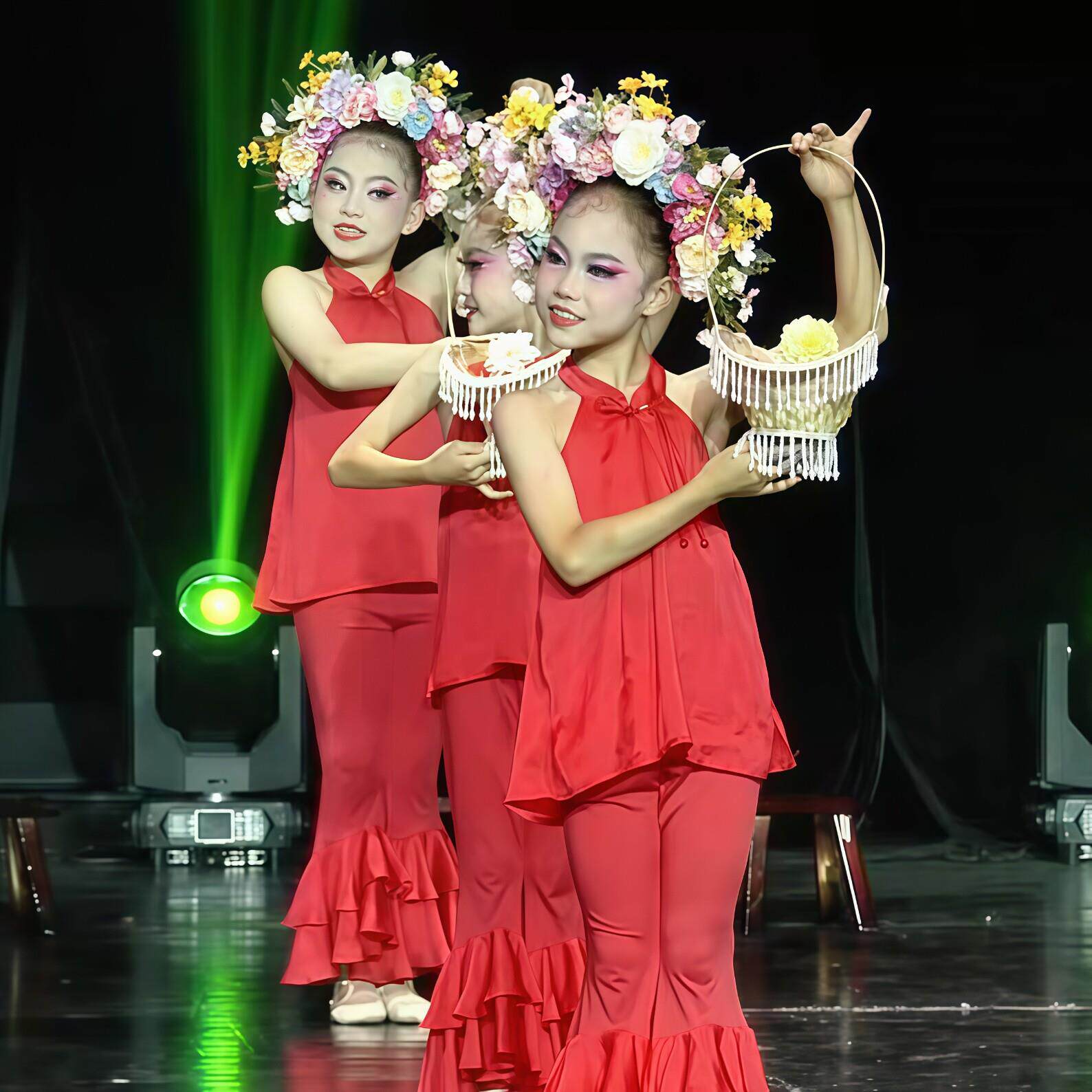 新款簪花入梦儿童演出服古典舞花篮舞蹈道具红色女童练功服表演服