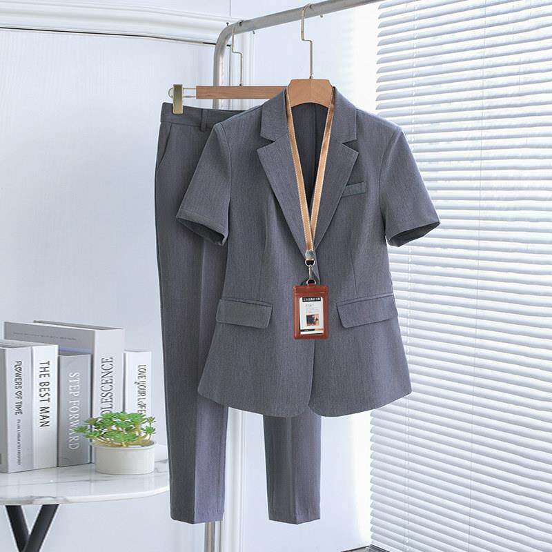 灰色短袖西装套装女夏薄款工作服职业气质职场大学生面试正装西服