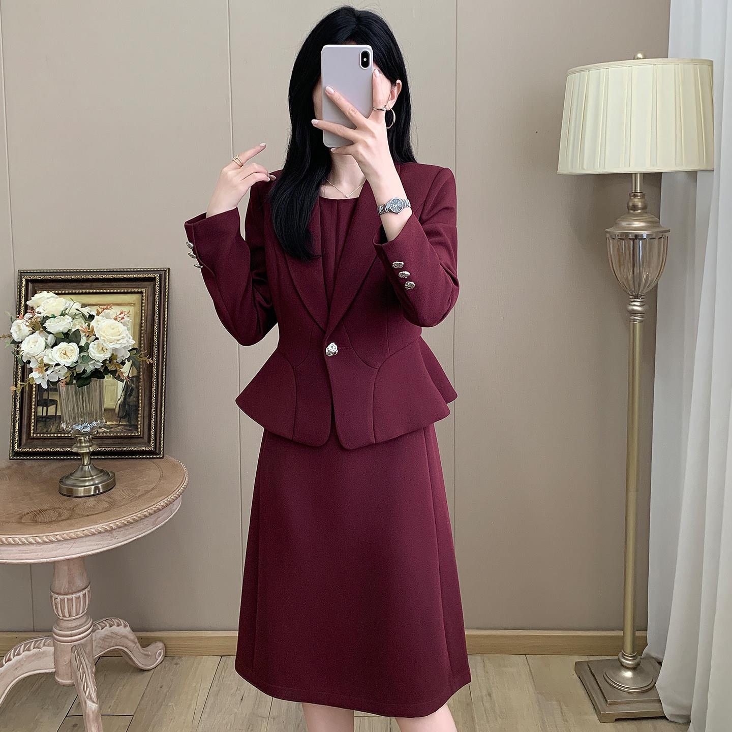 酒红色西装套装女春秋工作服职业气质主持人正装西服连衣裙两件套