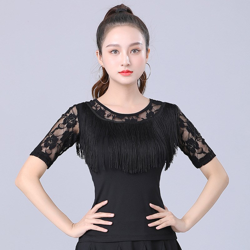新款蕾丝拉丁舞上衣女成人摩登舞流苏短袖广场舞蹈跳舞练功吉特巴