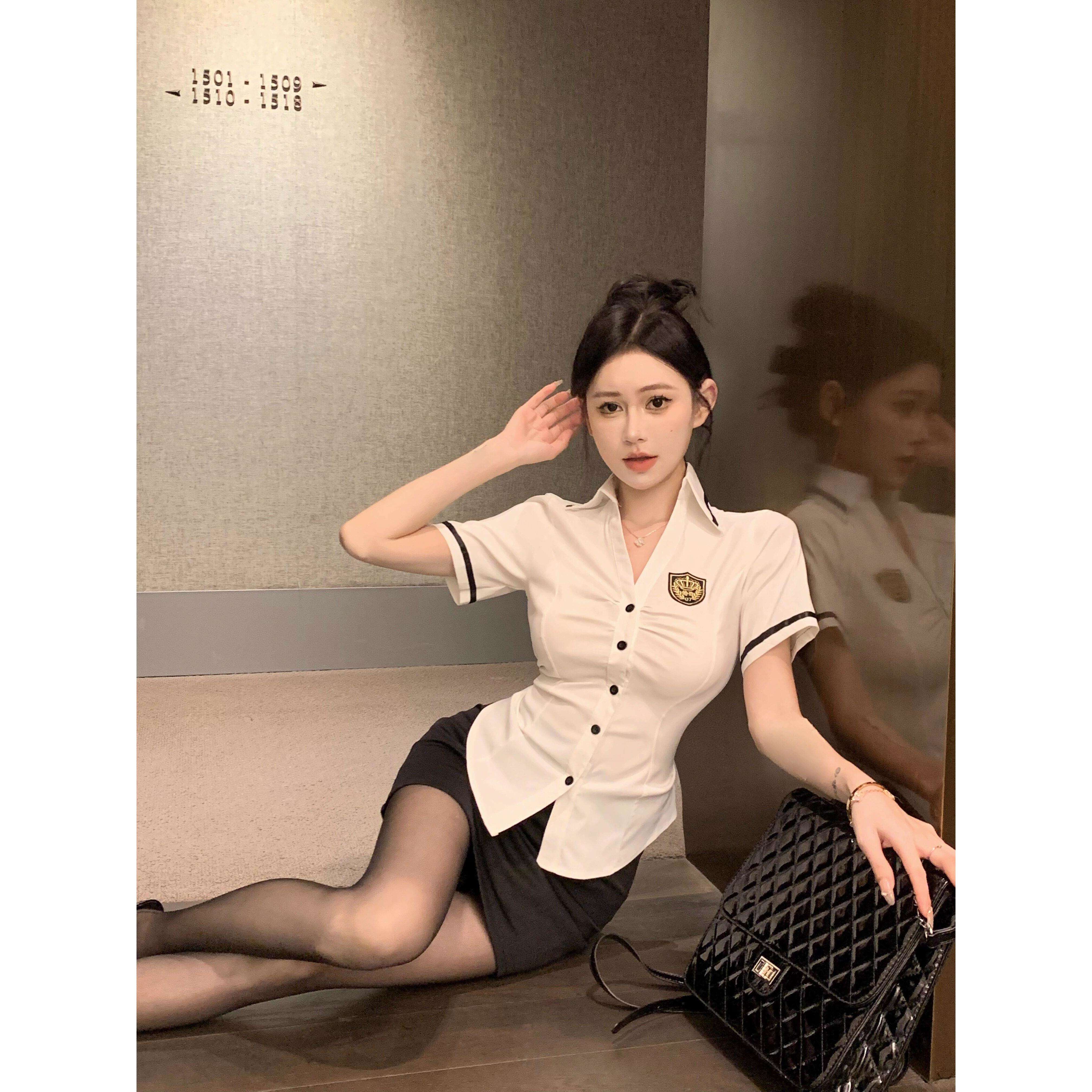 短袖白色衬衫职业工作服正装女套装夏季面试前台衬衫包裙足浴技师