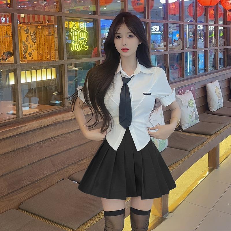 学院风套装jk制服服百褶裙辣妹紧身短袖白色衬衫职业工作裙套装夏