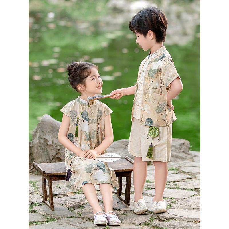 新汉朝中式短袖套装帅气男孩夏日女孩纤细旗袍裙儿童节表演套装