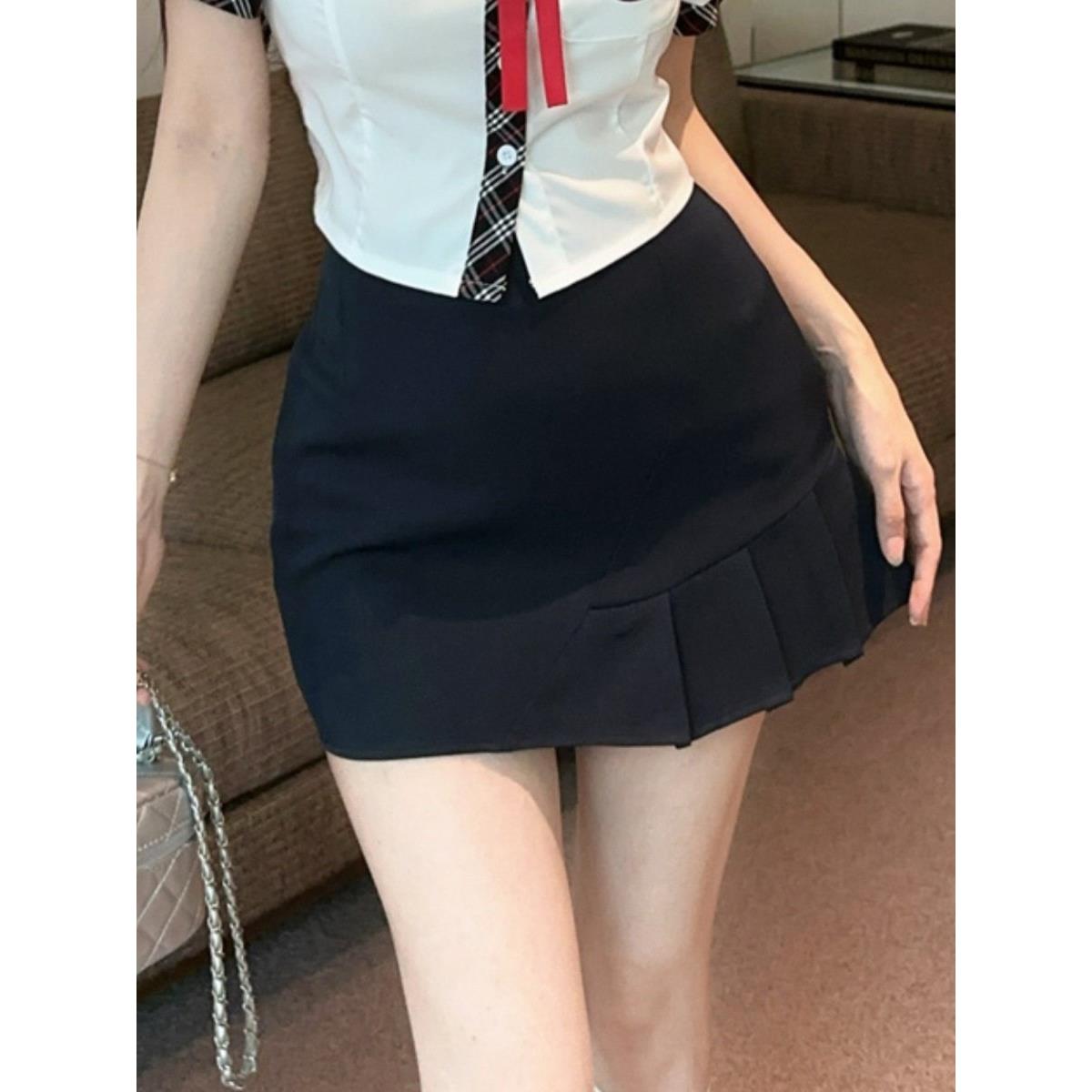 夏季辣妹学院风不规则百褶拼接短裙女团舞学生纯欲裙子包臀半身裙