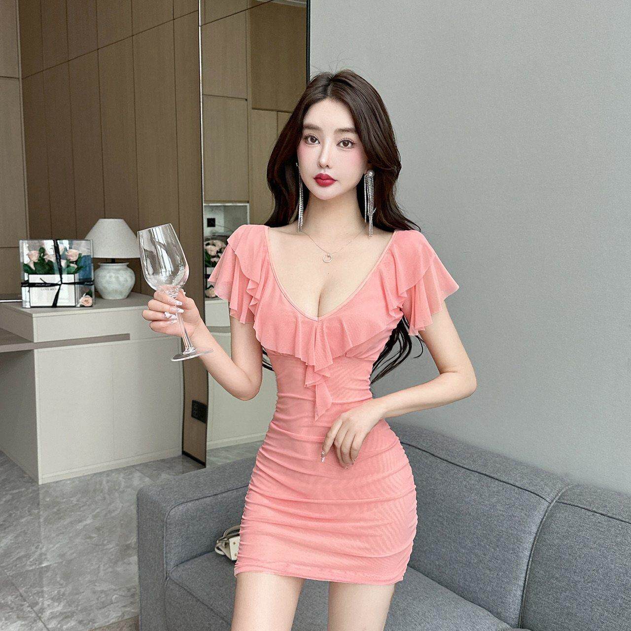 夜店会所技师沐足工作服深领网纱低胸荷叶边短袖包臀打底连衣裙