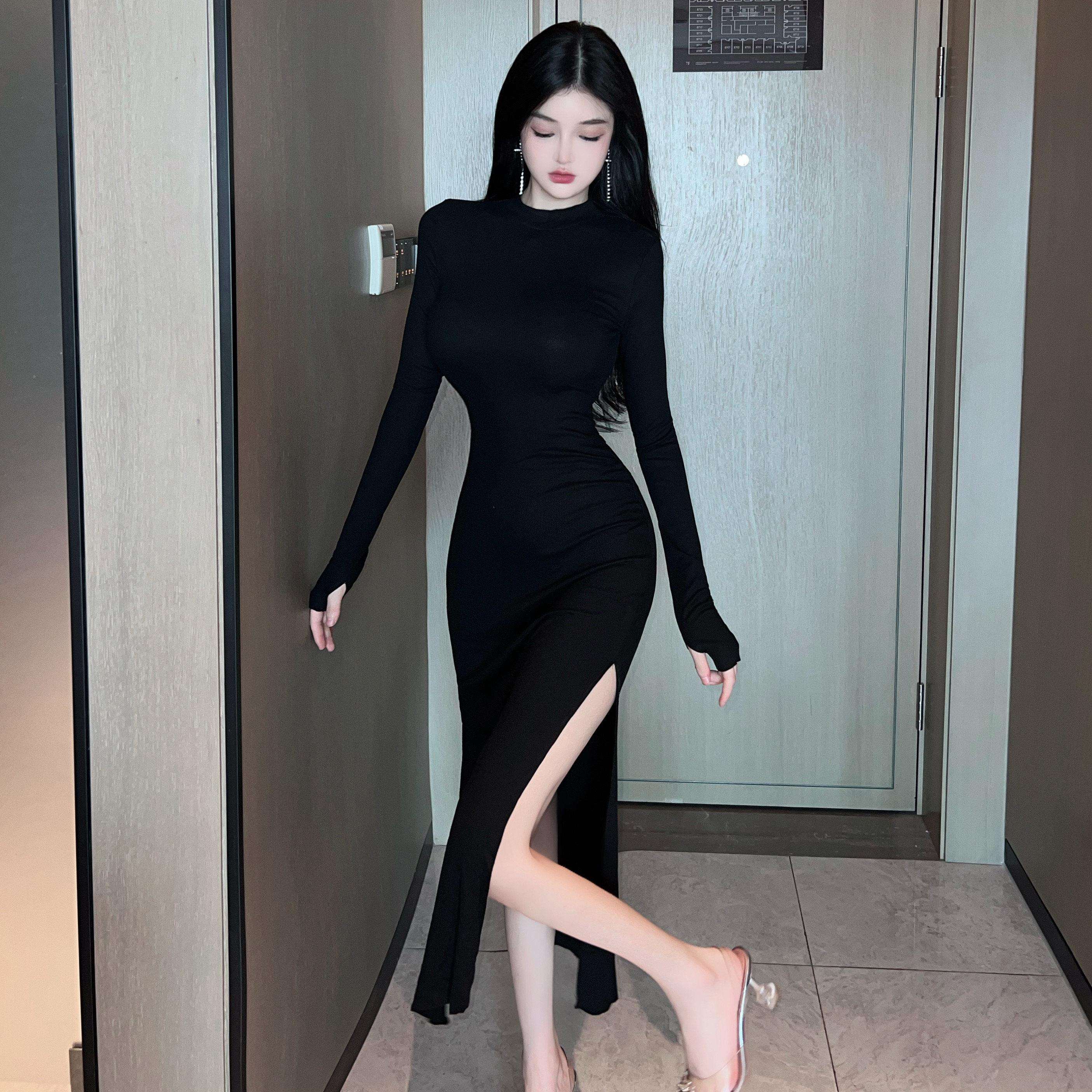 夜店女装辣妹纯欲风洋装秋冬季紧身打底内搭长裙黑色开叉包臀裙