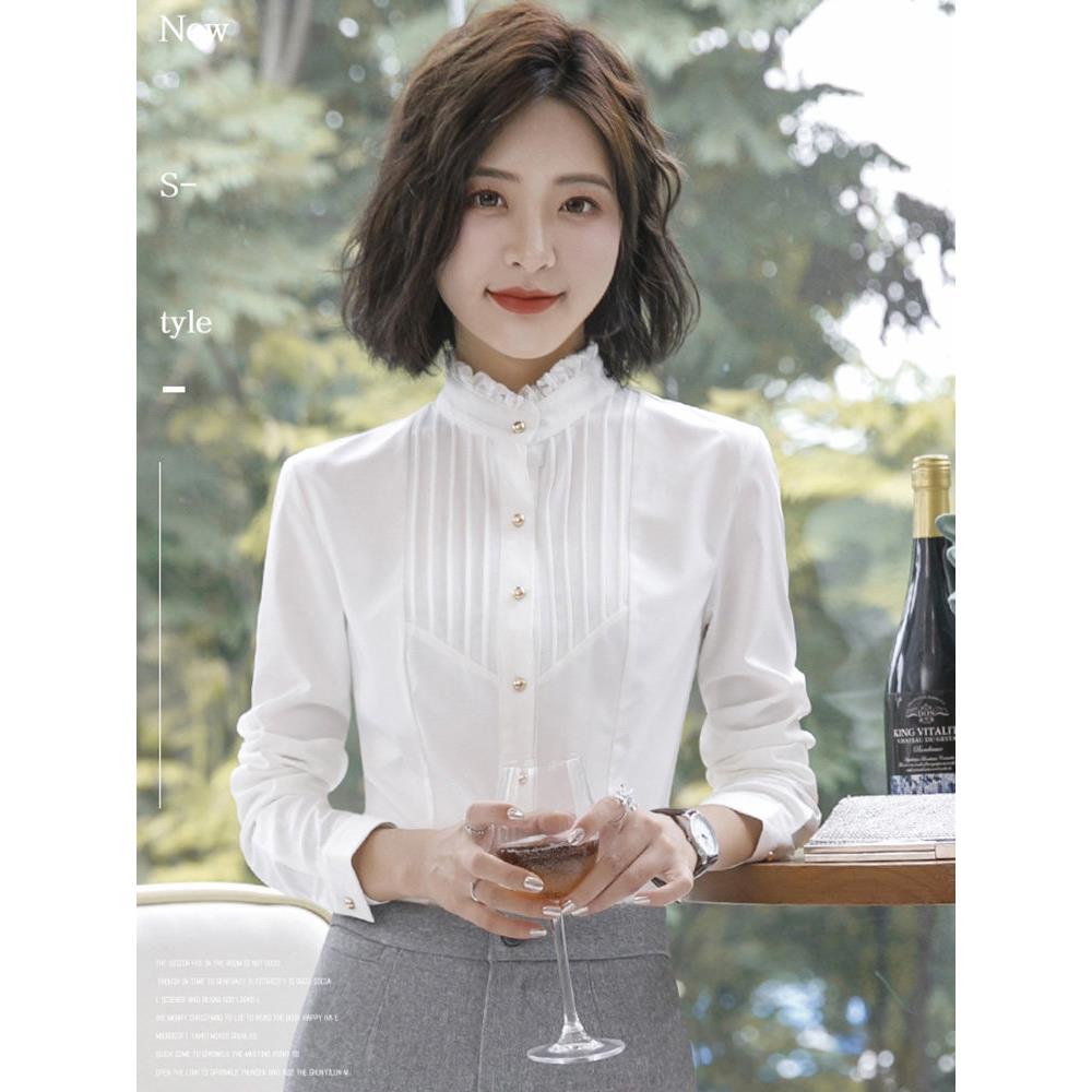 蕾丝立领职业衬衫女士长袖春秋季工作服优雅白衬衫酒店前台工作服