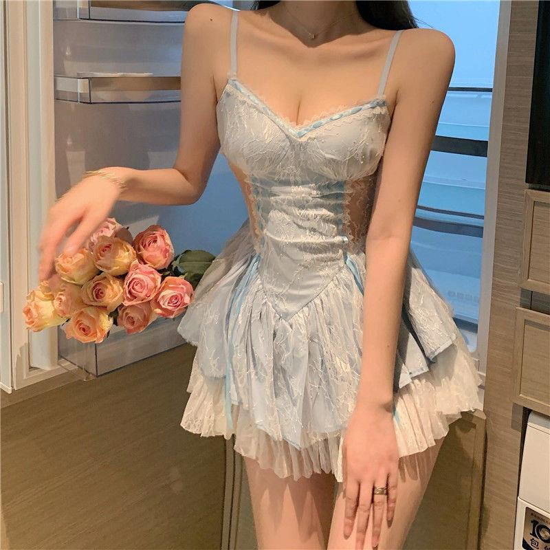 纯欲甜辣妹高级性感蕾丝吊带连衣裙仙女夏收腰显瘦法式蓬蓬短裙子