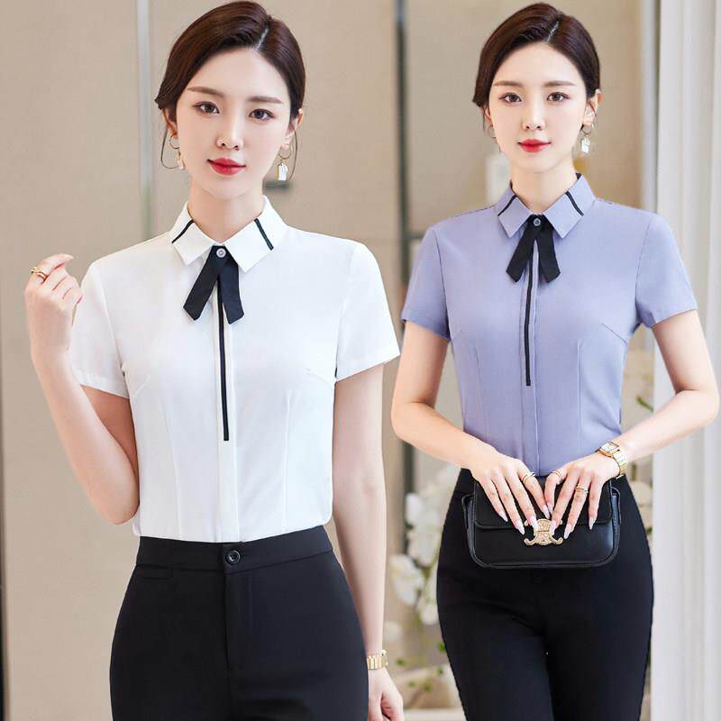 白衬衫女短袖夏新款正装工作服套装职业装工装酒店前台灰色衬衣