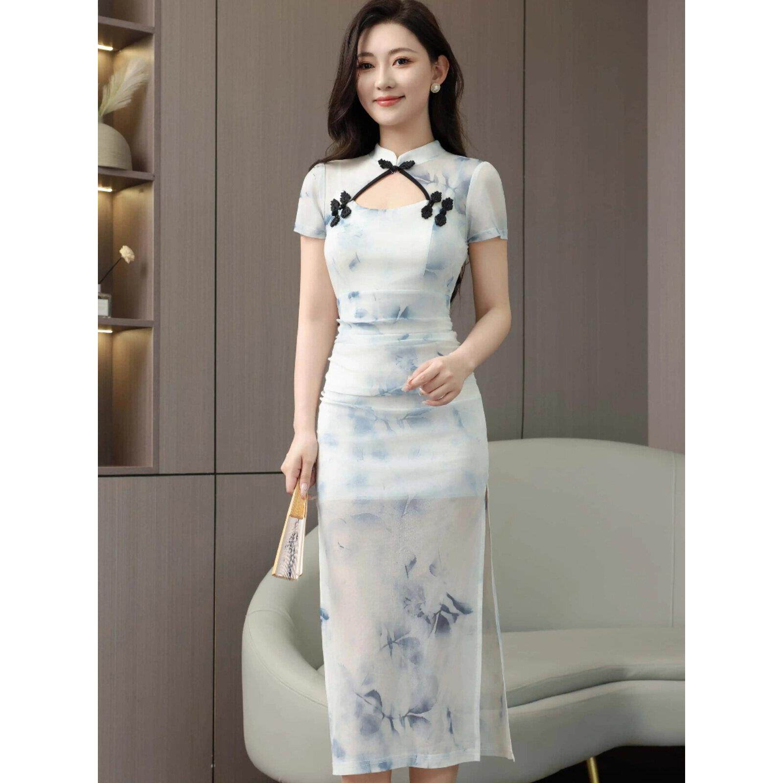 夜总会修身细腰柔软技师工作服改良旗袍足疗足浴工作服裙装搭配高