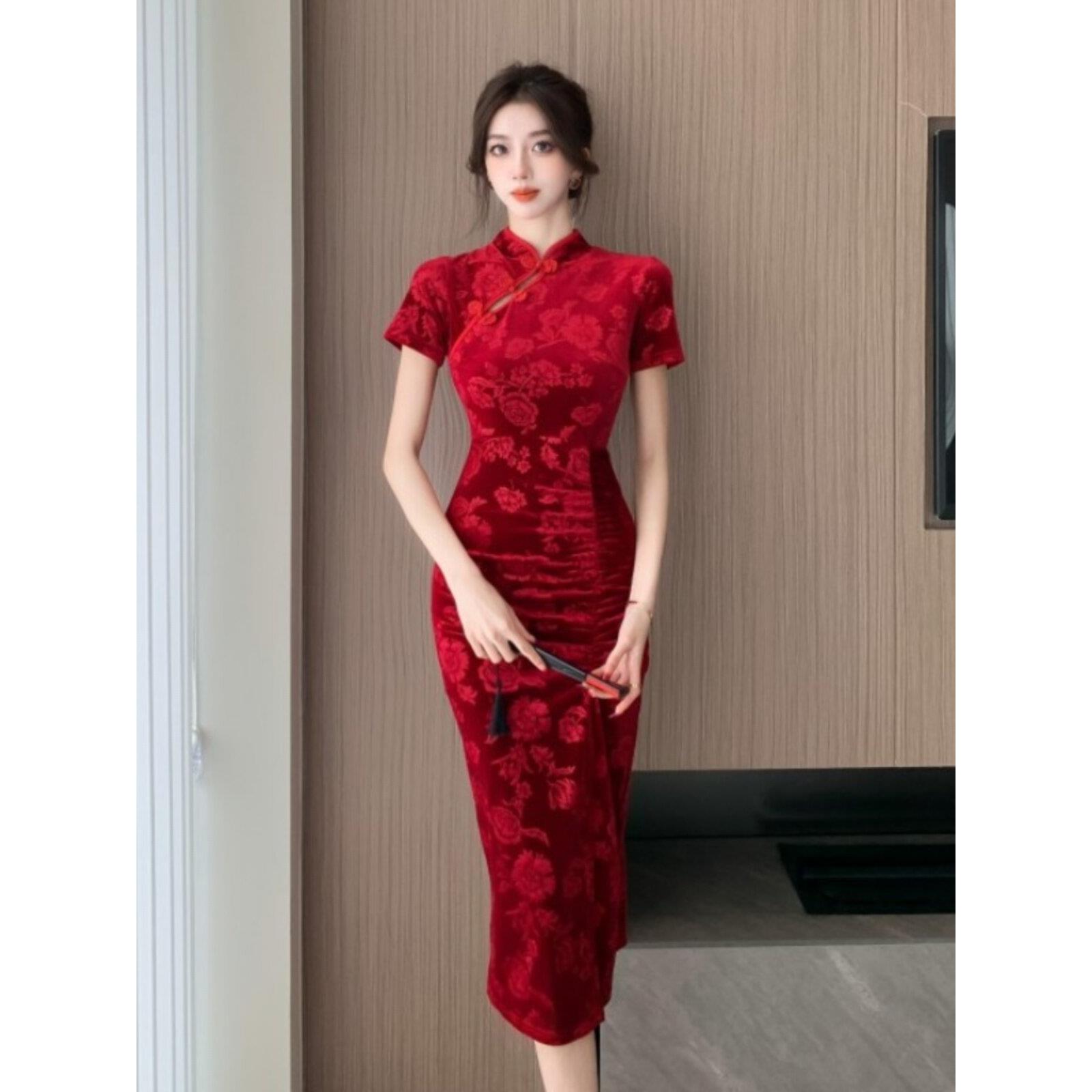 夏红色旗袍女新中式改良短袖直播衣服气质开叉修身覆古国风连衣裙