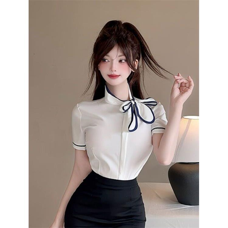 夏季空姐制服衬衫女短袖职业前台工作服气质御姐飘带蝴蝶结白衬衣