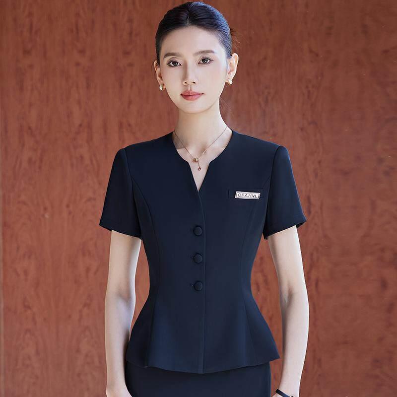 深蓝色短袖西装套装女夏季酒店前台工作服珠宝店美容院高端职业装