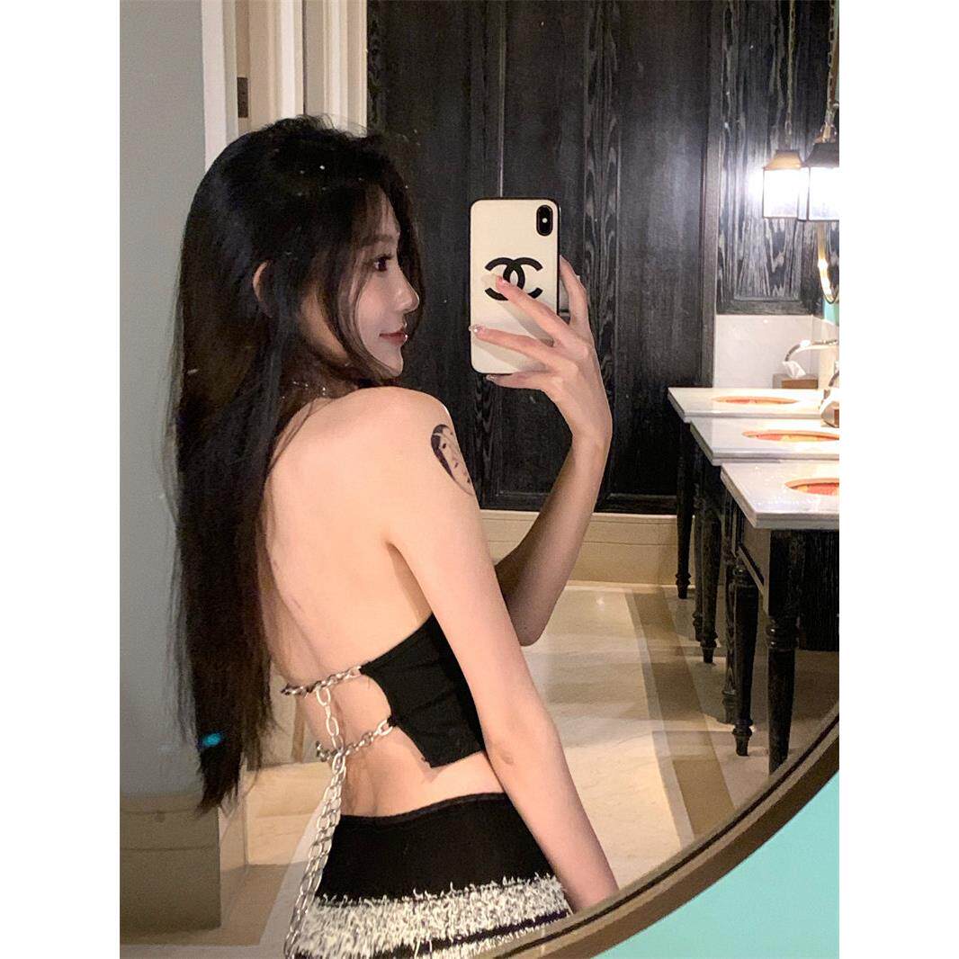 辣妹风性感链条挂脖吊带小背心女夏季露背上衣外穿内搭短款打底衫