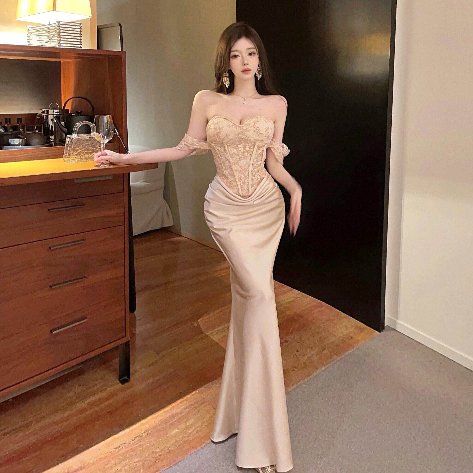 古早千金法式生日礼服女秋冬季性感名媛气质一字肩鱼骨蕾丝连衣裙