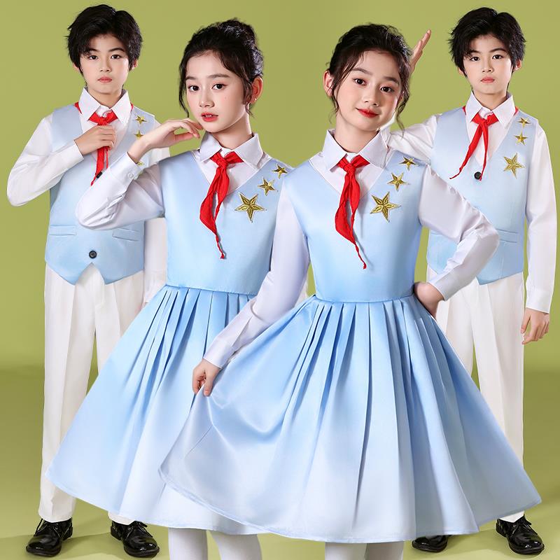 儿童朗诵合唱比赛演出服女童初中生小学生蓝色爱国诗歌演讲礼服装