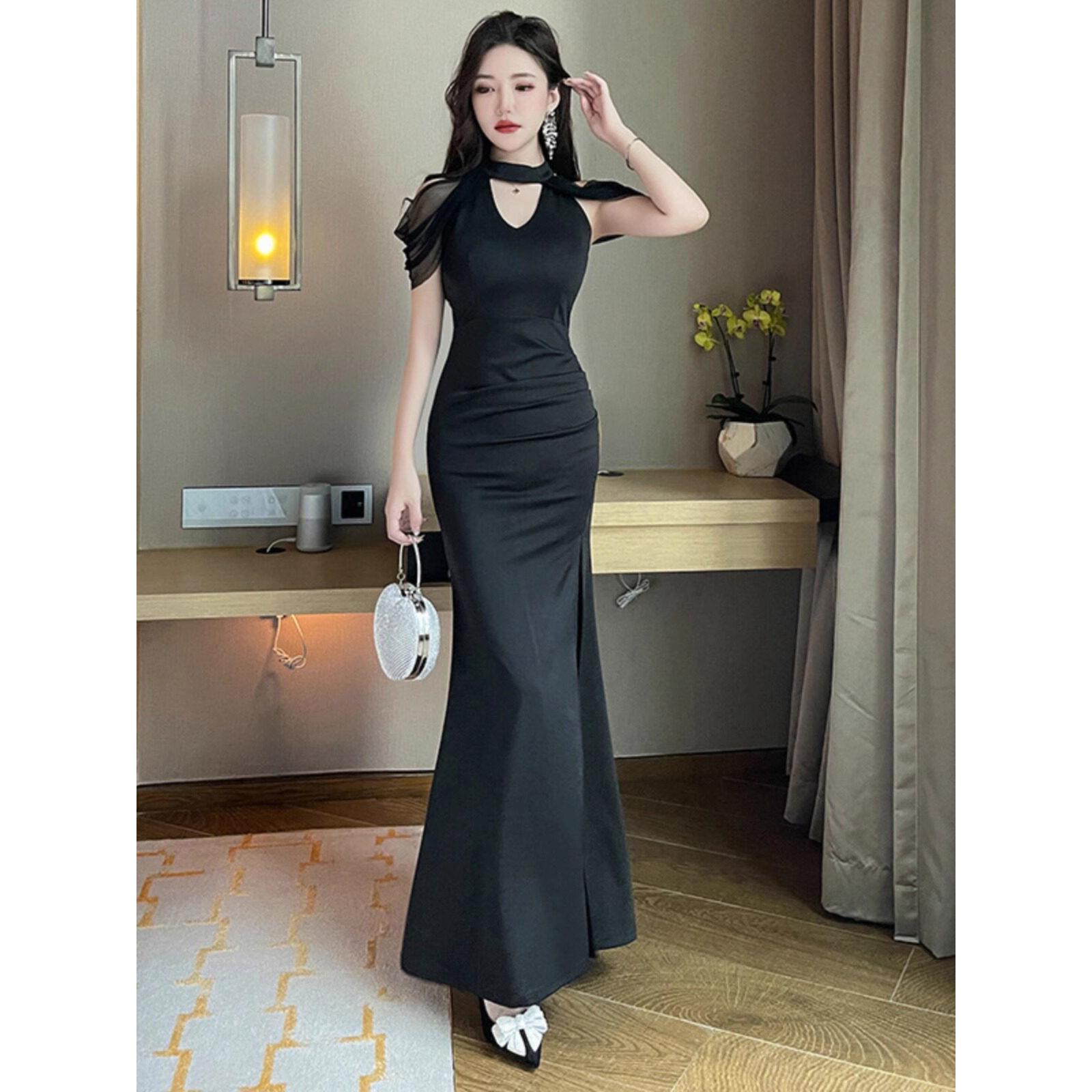 高级感连衣裙气质夜店女装性感足疗女技师工衣黑色长裙年会晚礼服