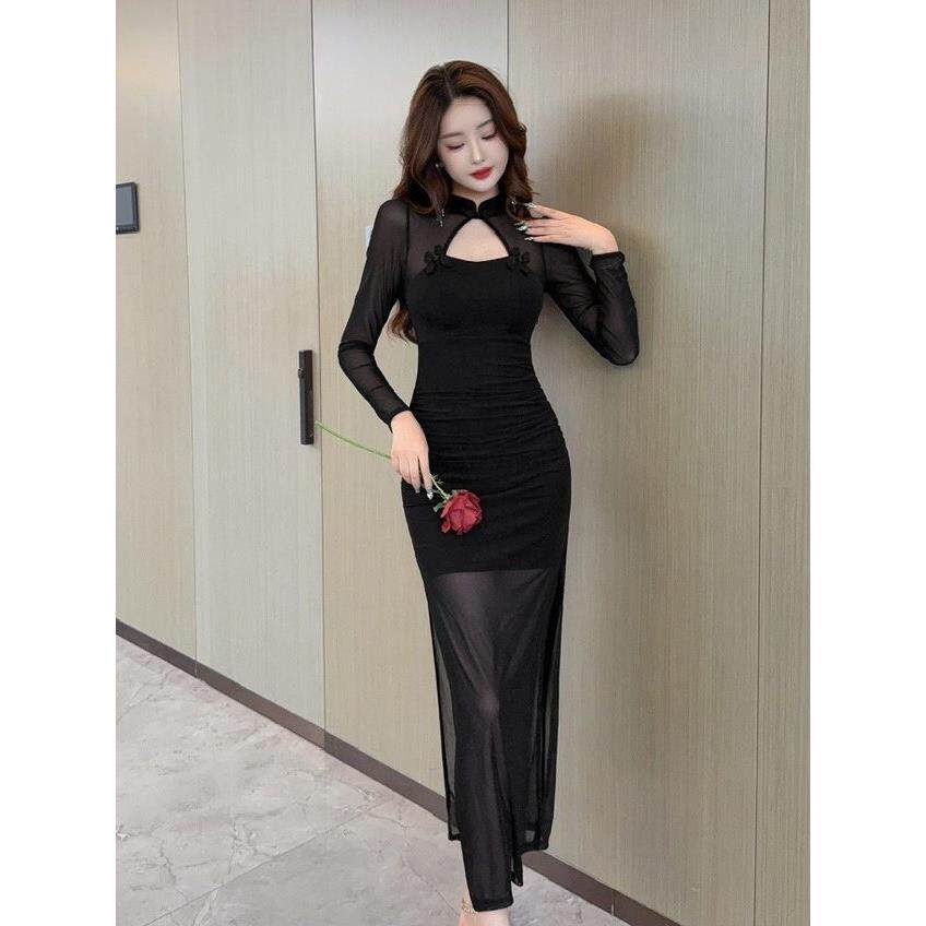 夜总会旗袍领连衣裙夜场柔式工作服性感网纱拼接包臀酒吧上班衣服