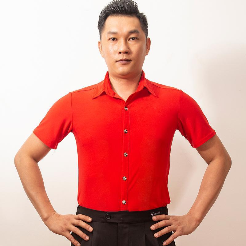 新款拉丁舞服男式摩登舞交谊舞国标舞短袖上衣练功红色跳舞服装男