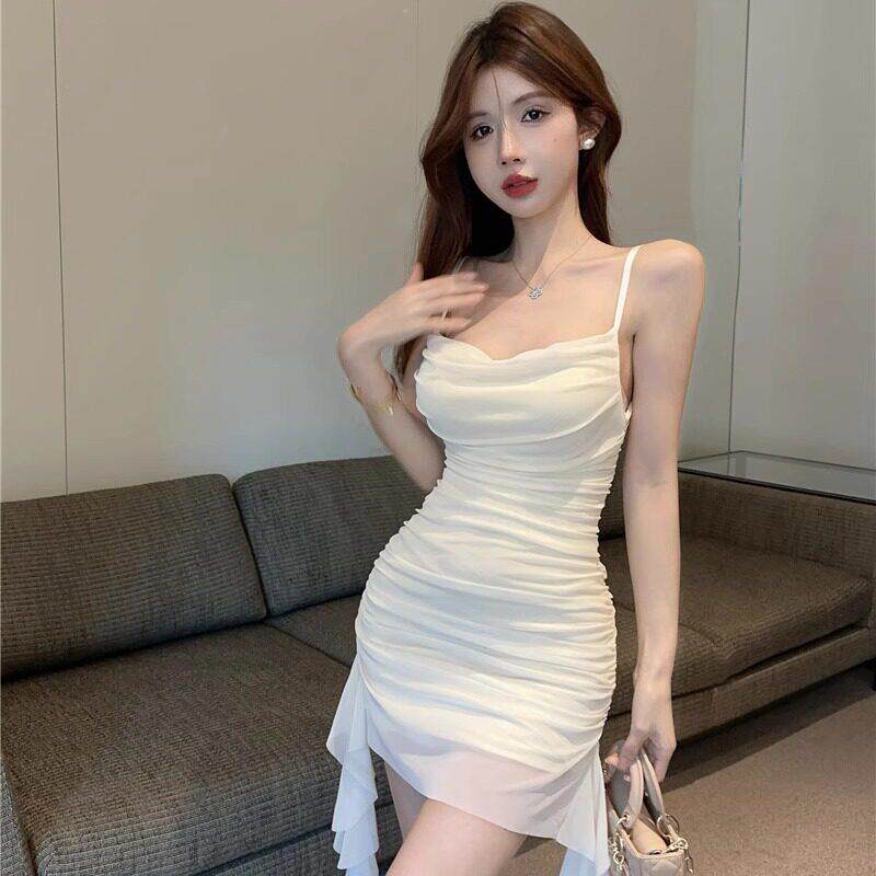 不规则网纱荡领吊带连衣裙女夏御姐风辣妹性感包臀裙黑色抹胸裙子