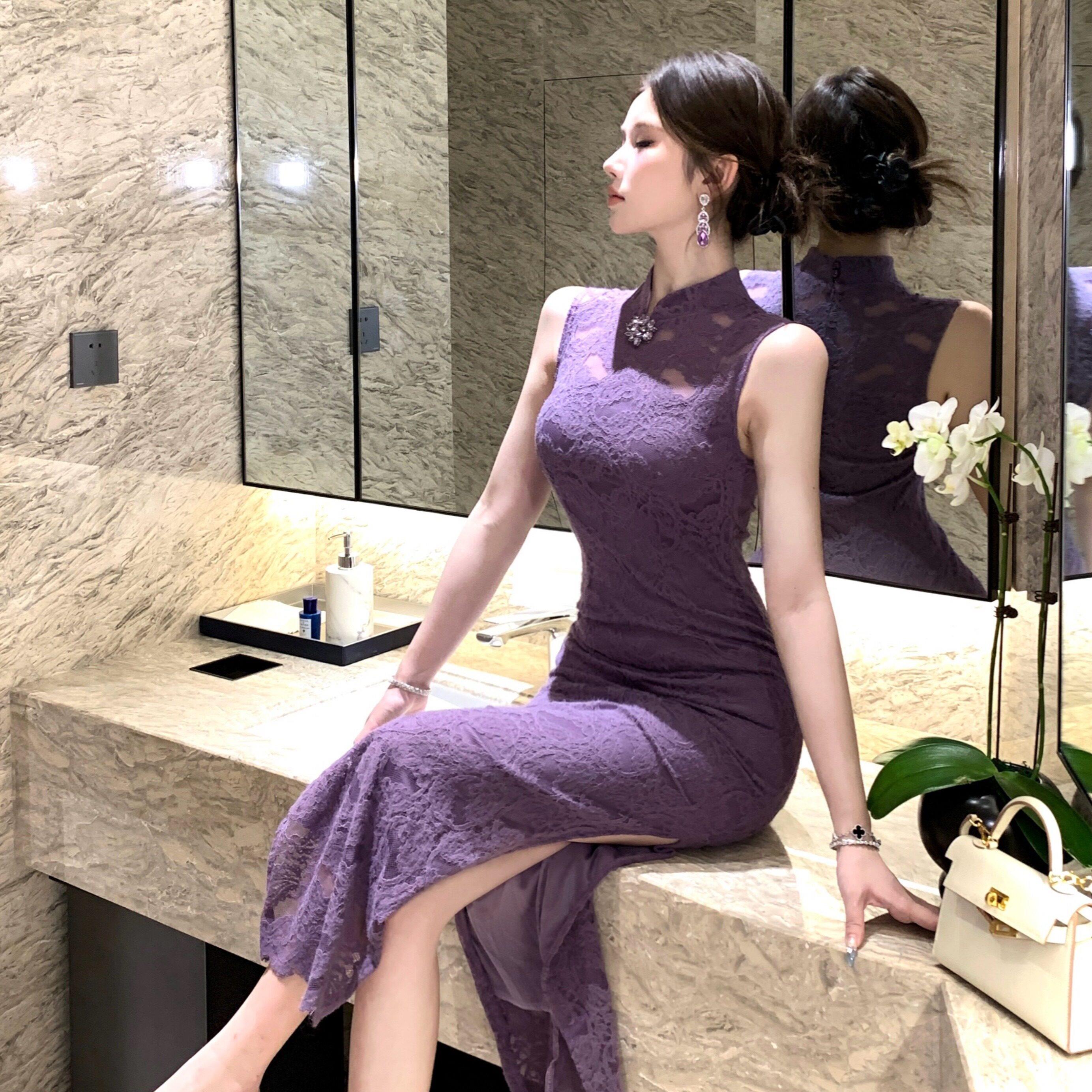 直播衣服女主播上镜年轻款少女纯欲性感新中式紫色蕾丝旗袍连衣裙